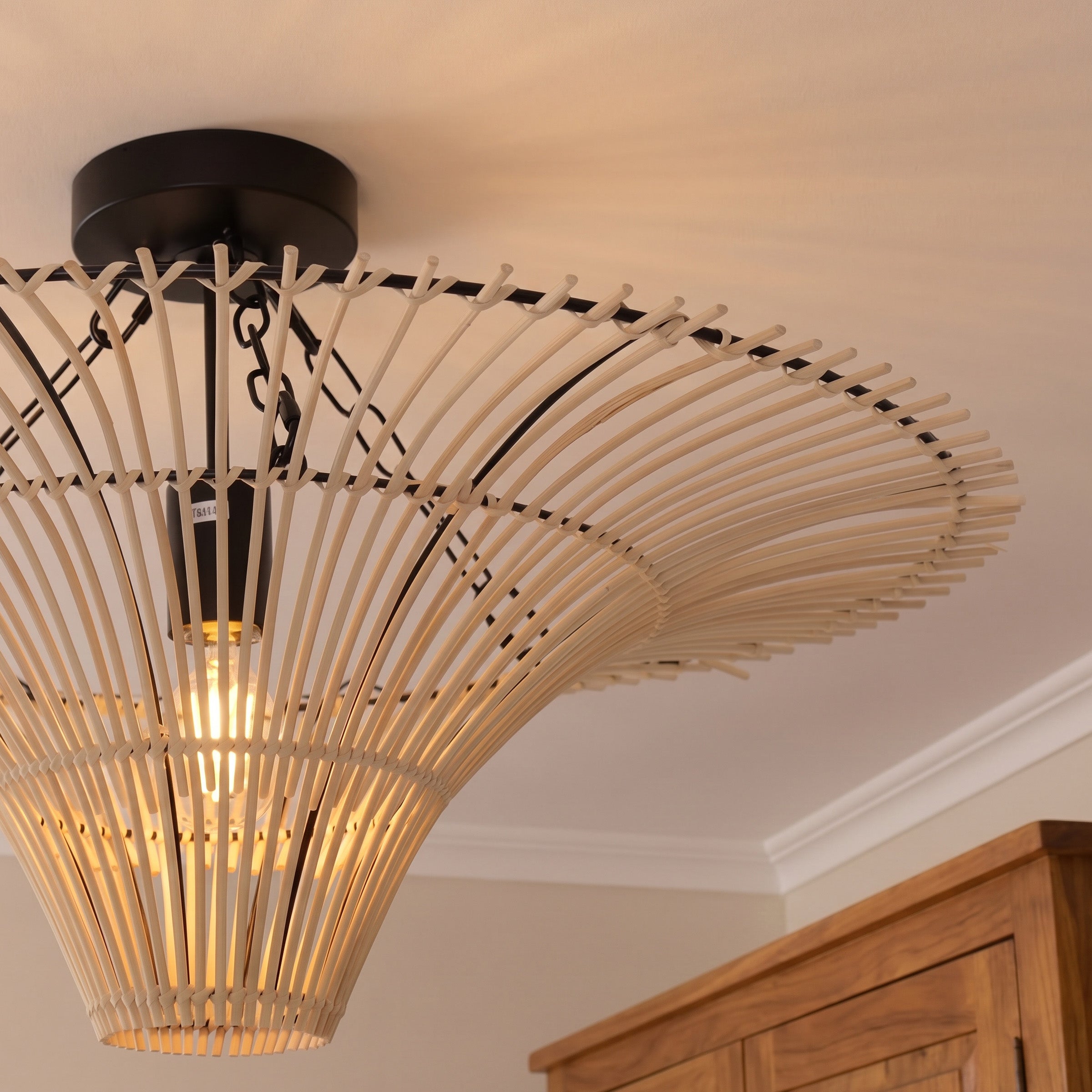 Close-up detail of Handwoven Flying Saucer Rattan Pendant Light for Dining Room & Living pendant