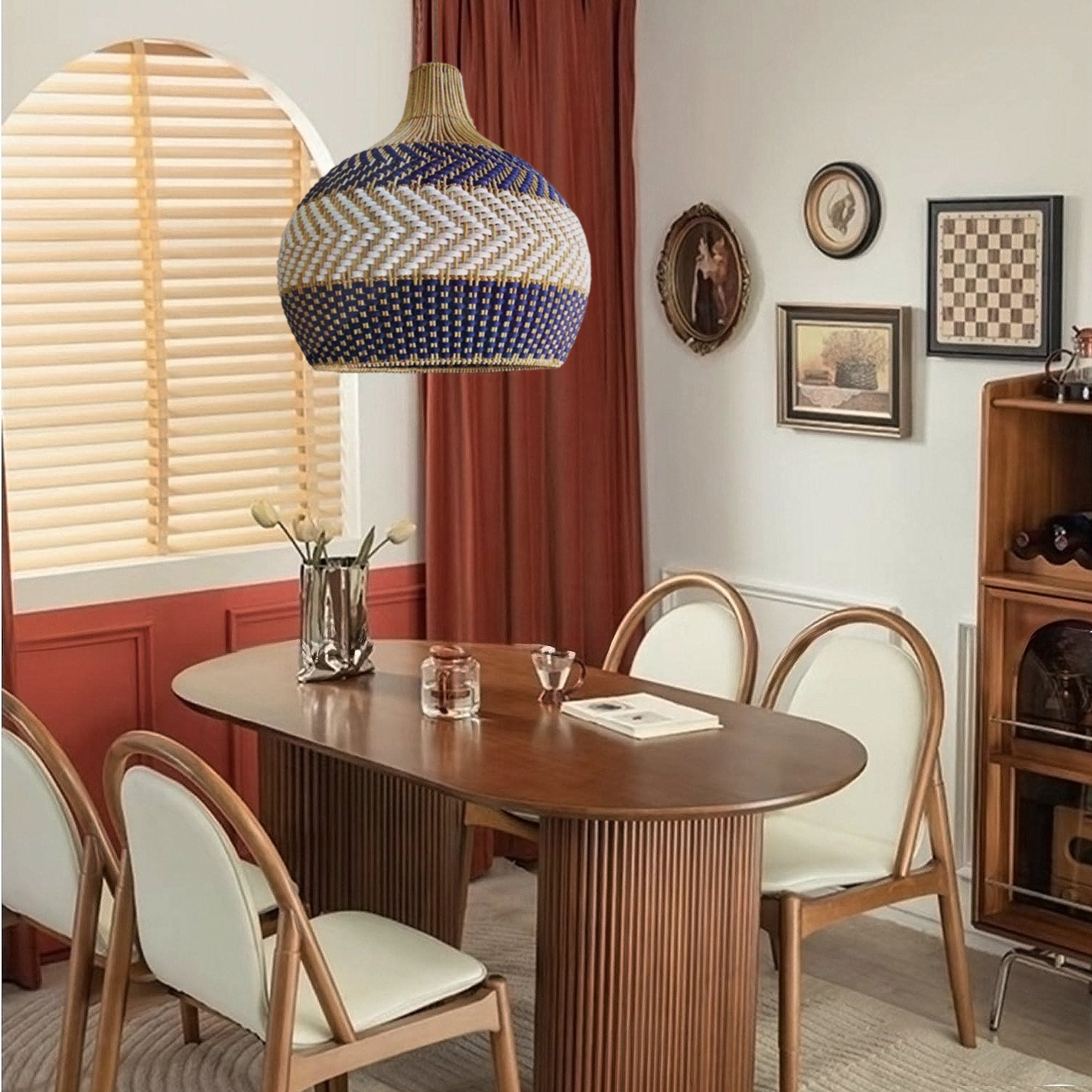 Handwoven Blue and White Rattan Pendant Light