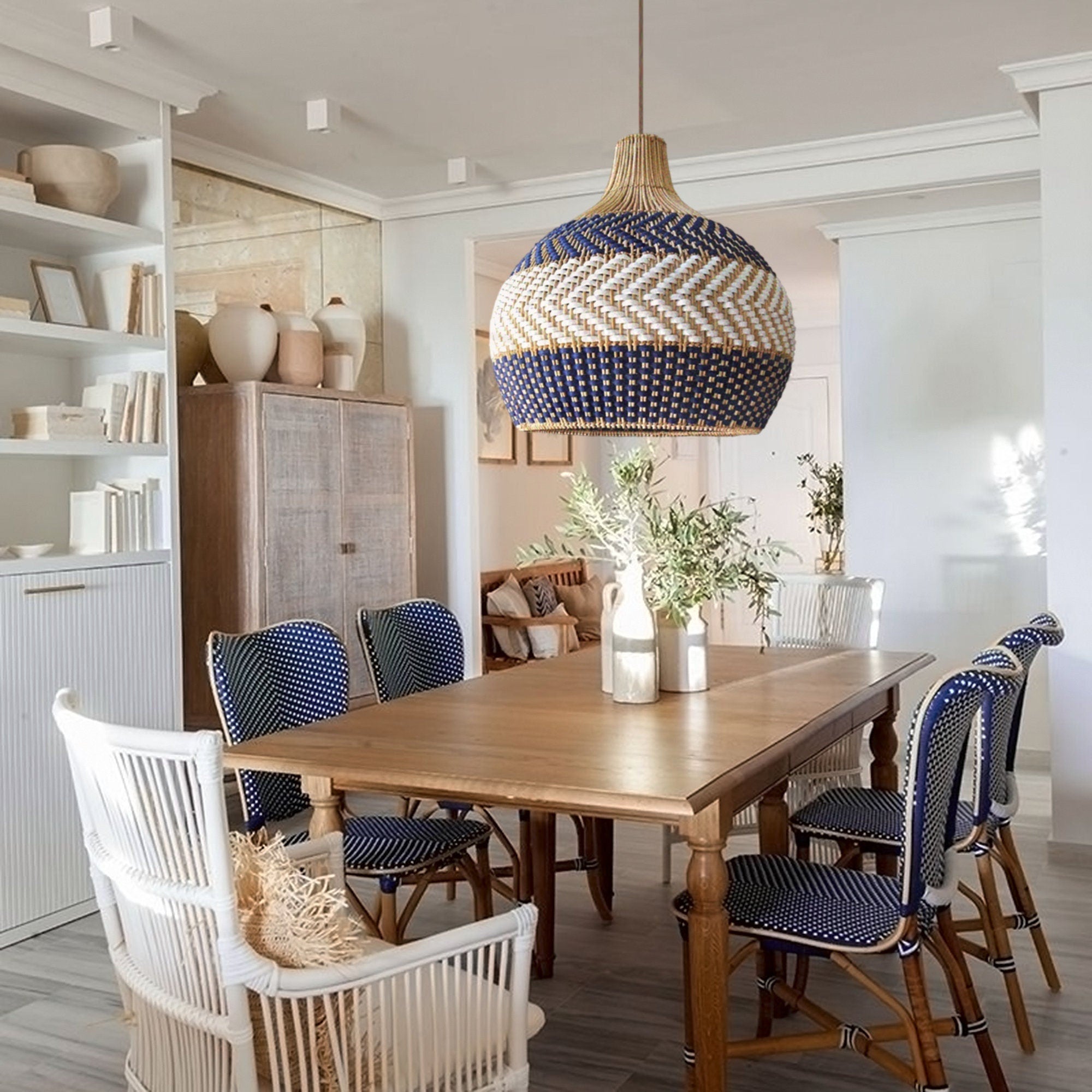 Handwoven Blue and White Rattan Pendant Light