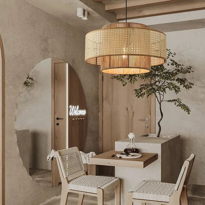 Natural Woven Rattan and Hemp Rope Rustic Pendant Light Fixture