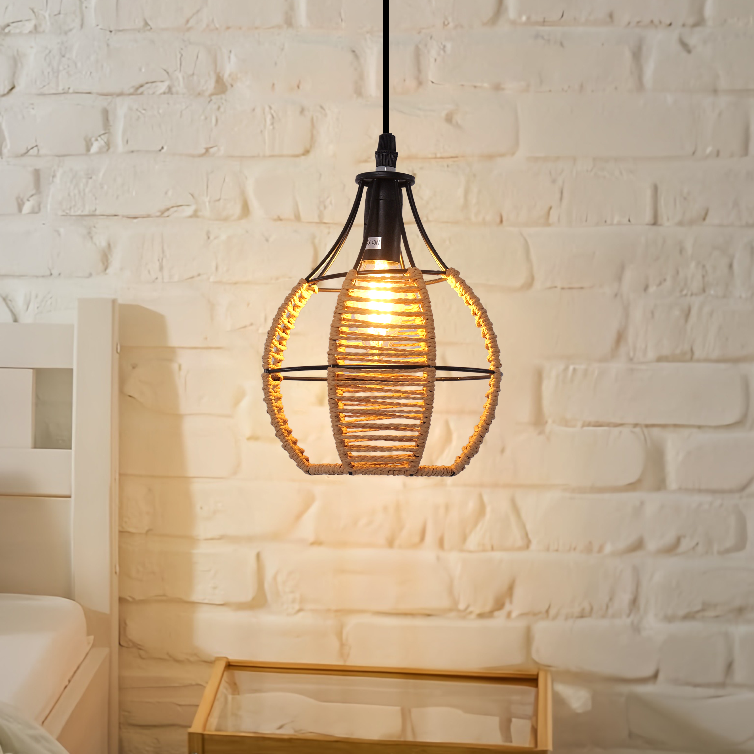 Rustic Dining Room Woven Rattan Paper Rope Iron Chandelier for Kitchen Aisle Reading Corner