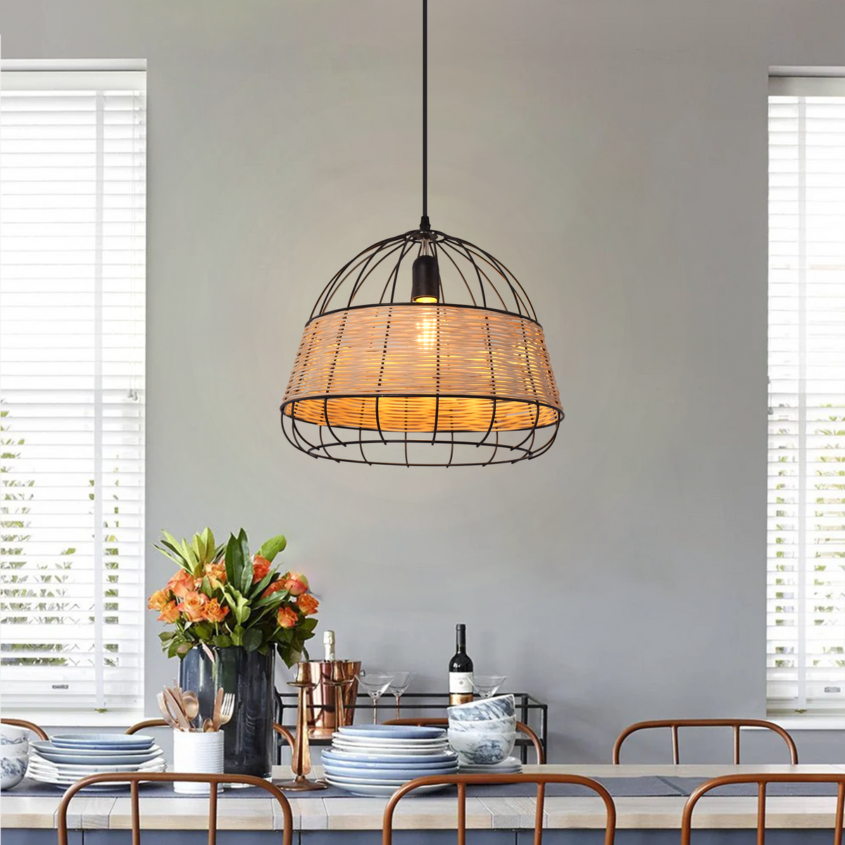 Glyph Handcrafted Rattan Pendant Light Iron Frame Home Décor