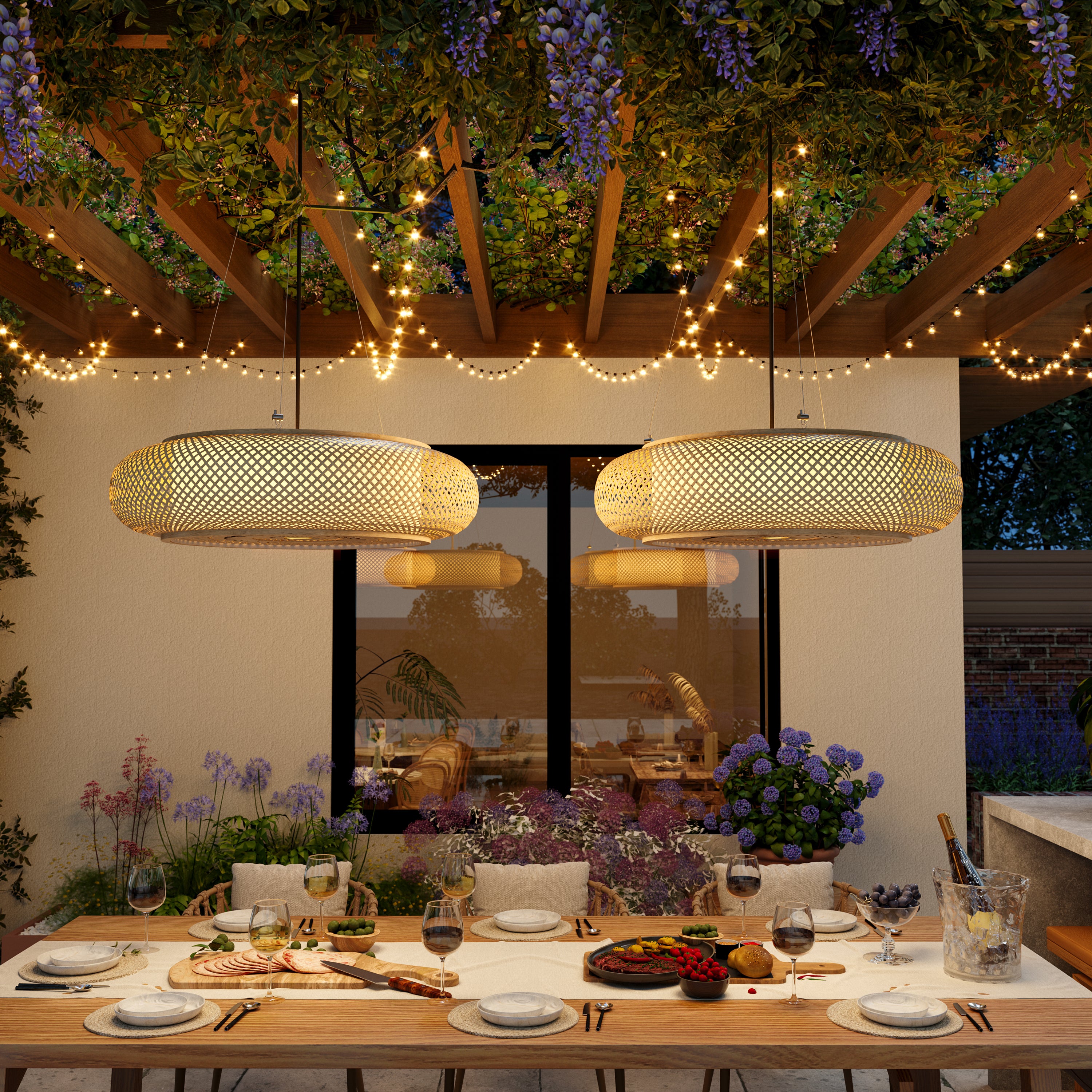 Lutta-Natural Bamboo LED Pendant Light for Kitchen Islands pendant light in an outdoor garden