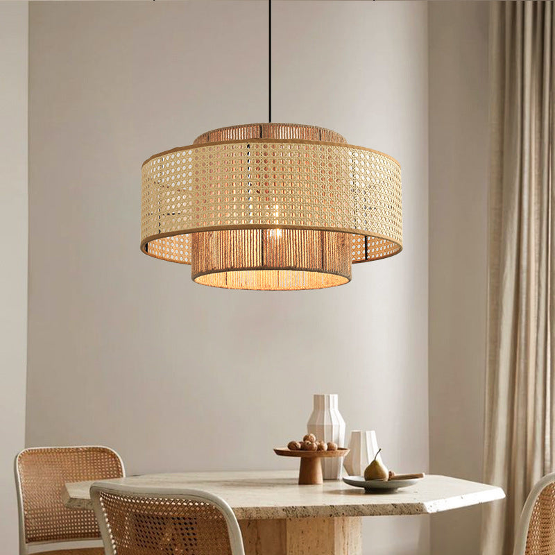 Natural Woven Rattan and Hemp Rope Rustic Pendant Light Fixture