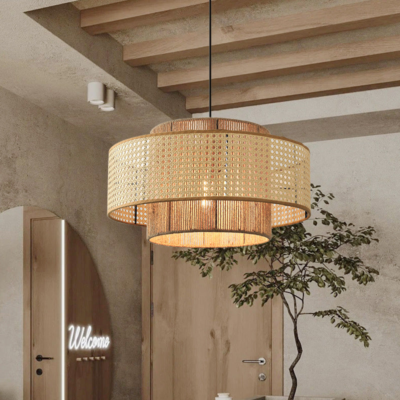 Natural Woven Rattan and Hemp Rope Rustic Pendant Light Fixture