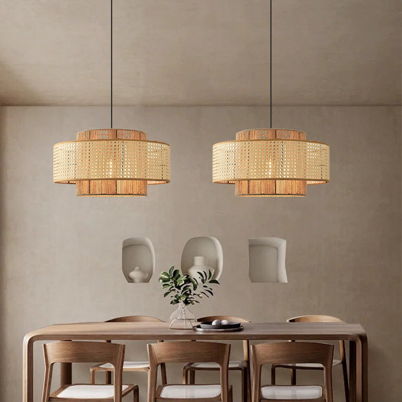 Natural Woven Rattan and Hemp Rope Rustic Pendant Light Fixture