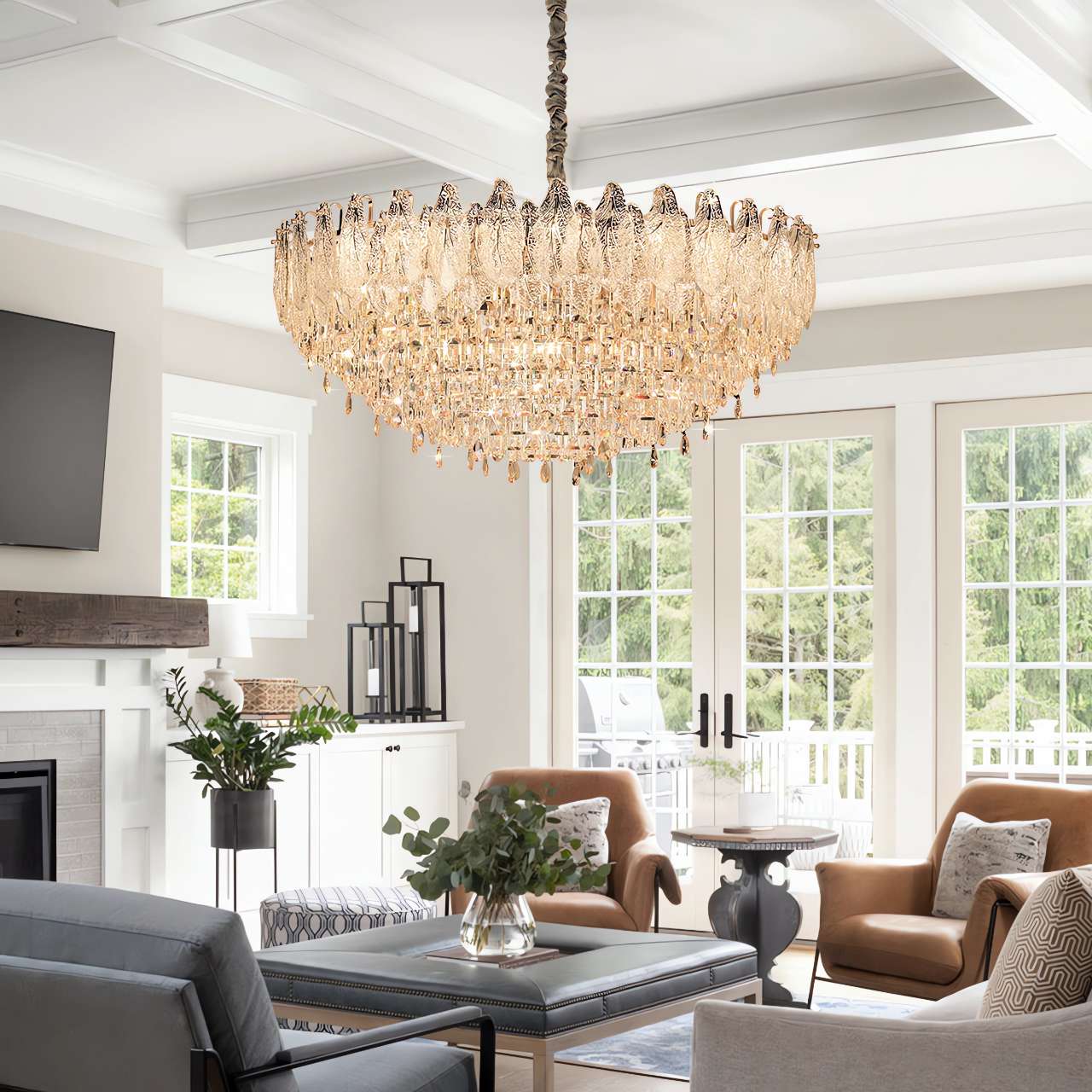 Champagne Gold Crystal Leaf Chandelier