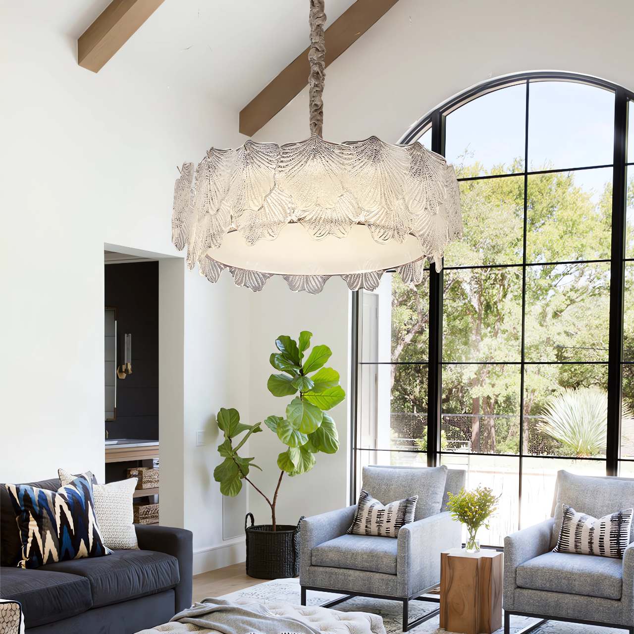 Vintage Leaf Glass Pendant Light with Metal Frame