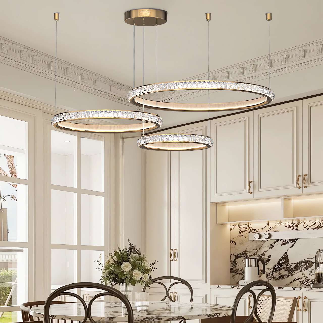 Modern Crystal LED Triple-Ring Pendant Light