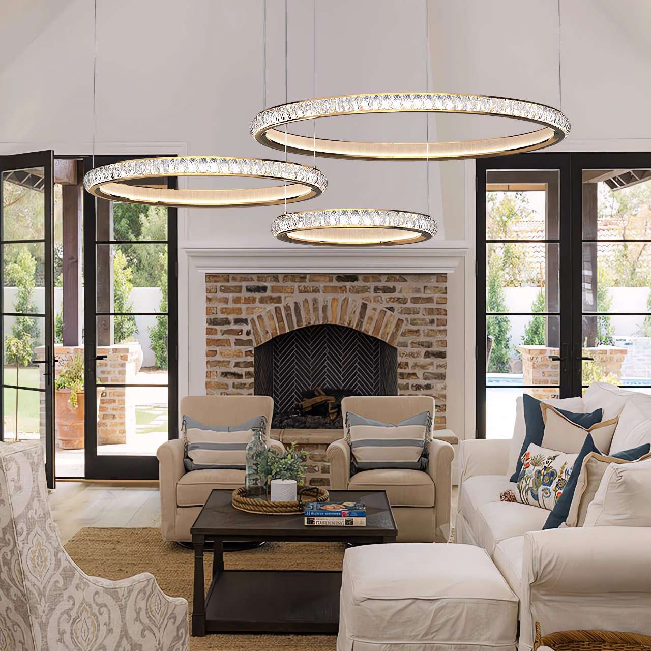 Modern Crystal LED Triple-Ring Pendant Light