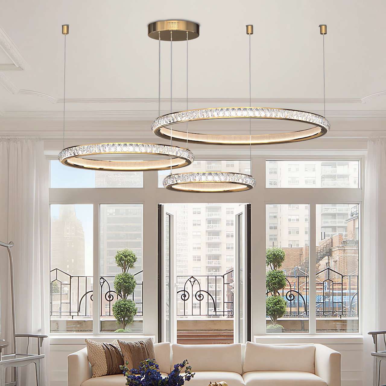 Modern Crystal LED Triple-Ring Pendant Light