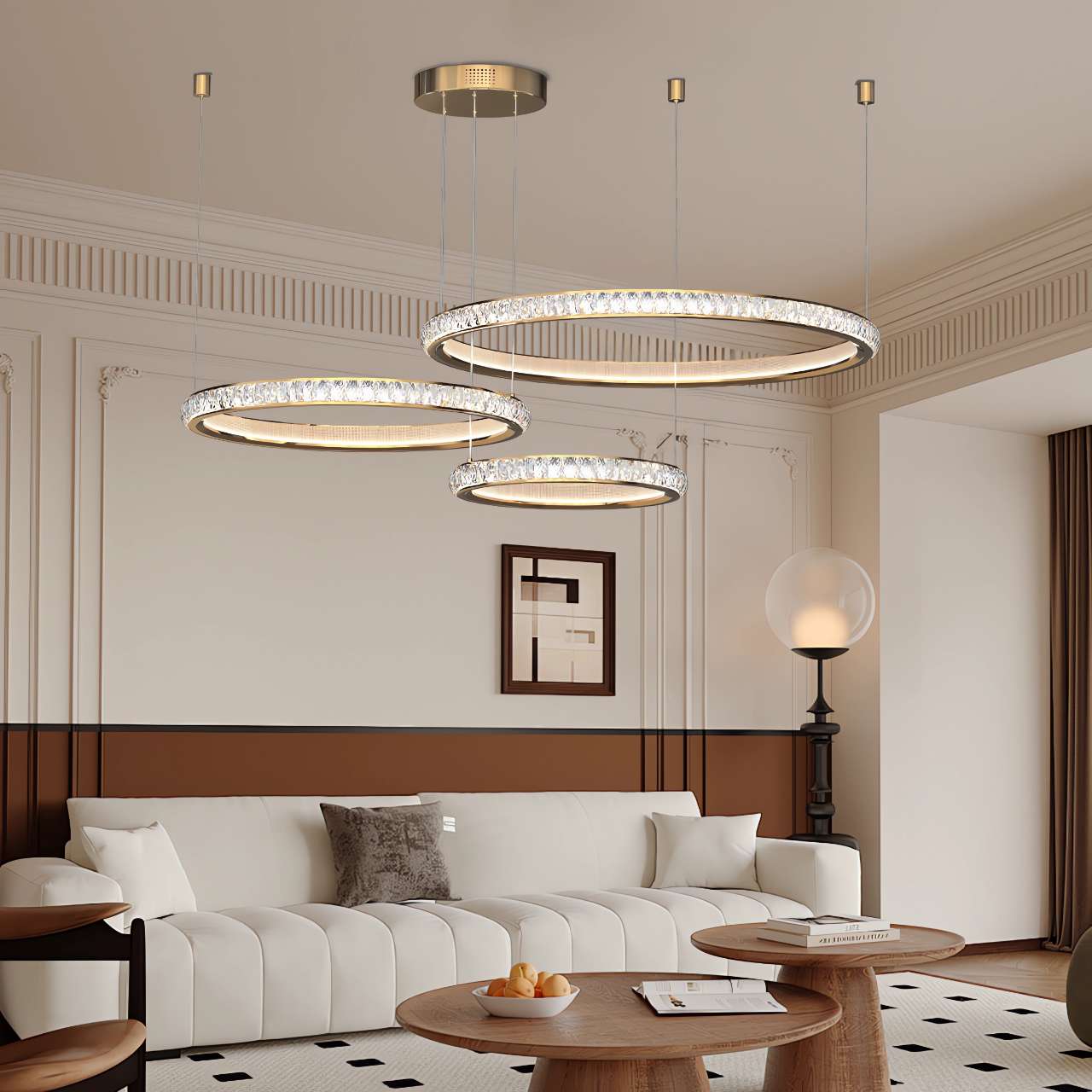 Modern Crystal LED Triple-Ring Pendant Light