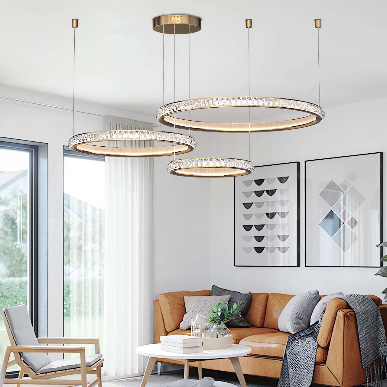 Modern Crystal LED Triple-Ring Pendant Light