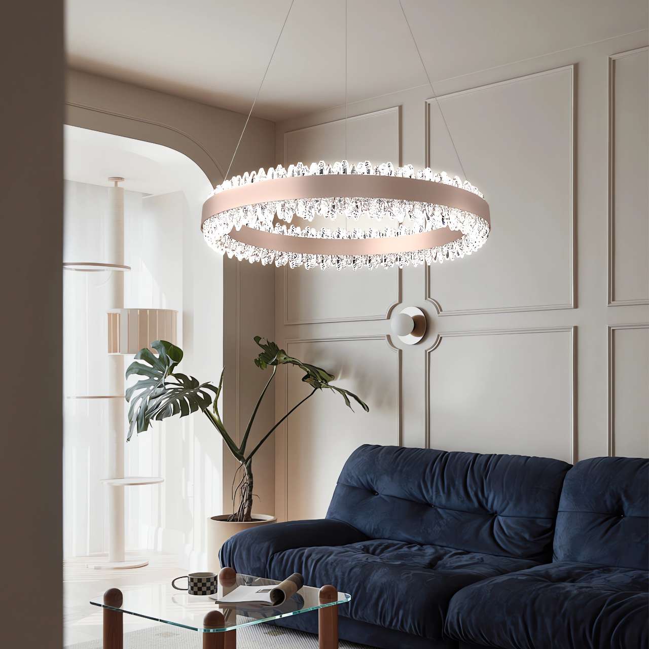 Stylish Gold LED Circular Pendant Light with Crystal Edges