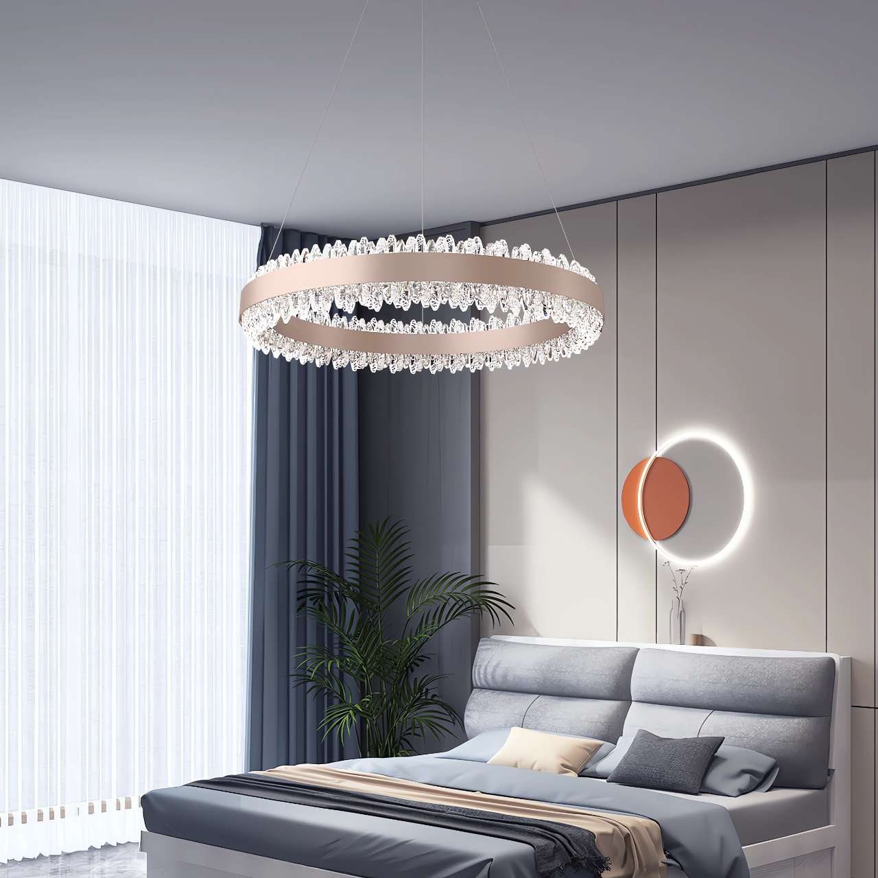 Stylish Gold LED Circular Pendant Light with Crystal Edges