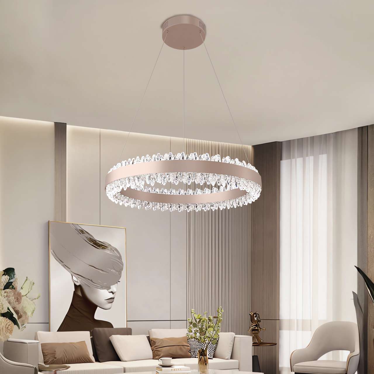 Stylish Gold LED Circular Pendant Light with Crystal Edges