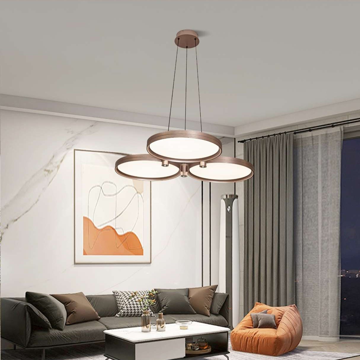 Champagne Gold Triple-Ring Stepless Dimming Pendant Light