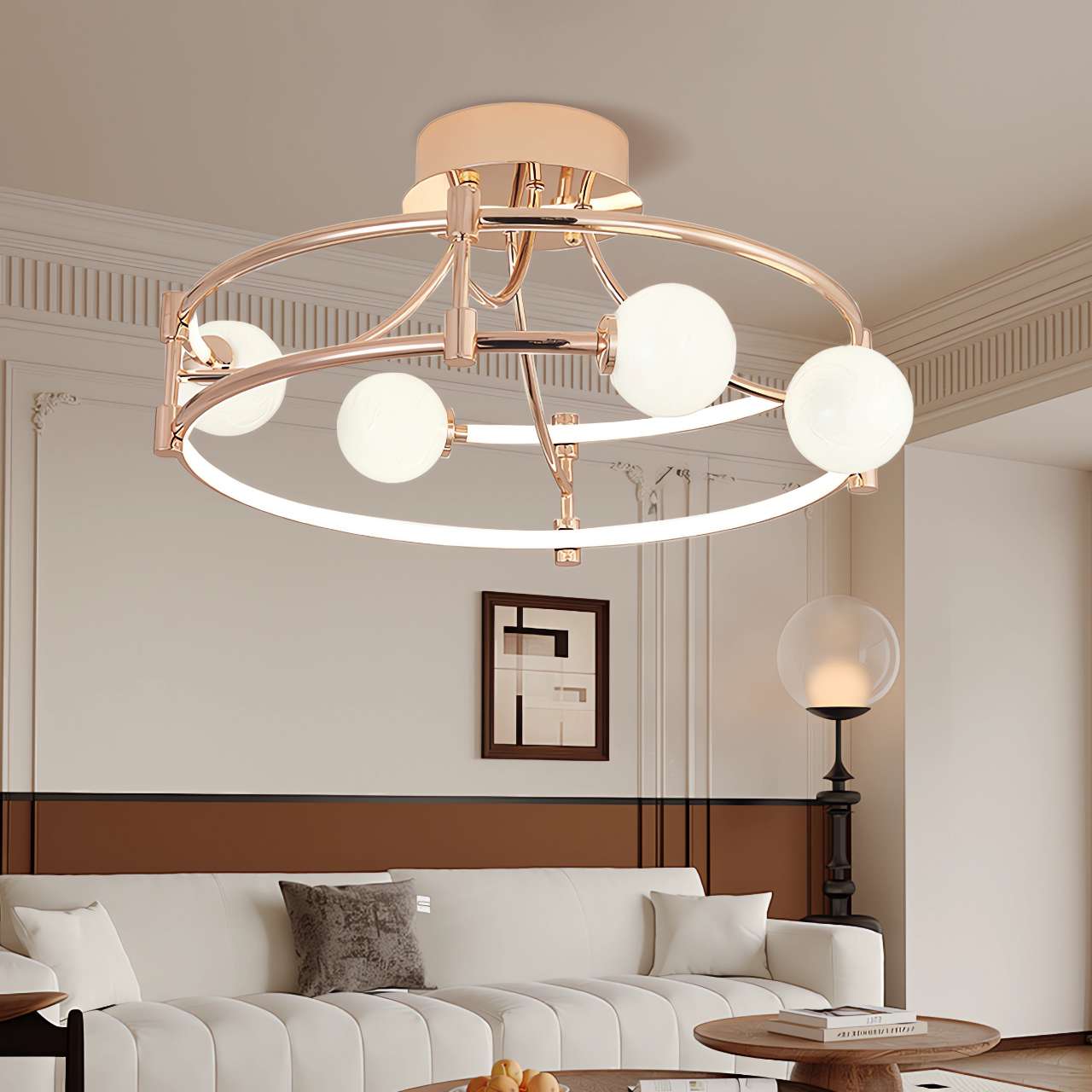 Modern Gold LED Ceiling Light with Glass Globes and Colour Changing