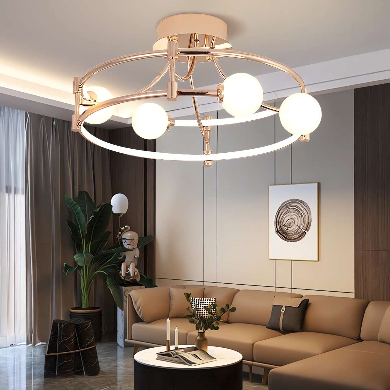 Modern Gold LED Ceiling Light with Glass Globes and Colour Changing