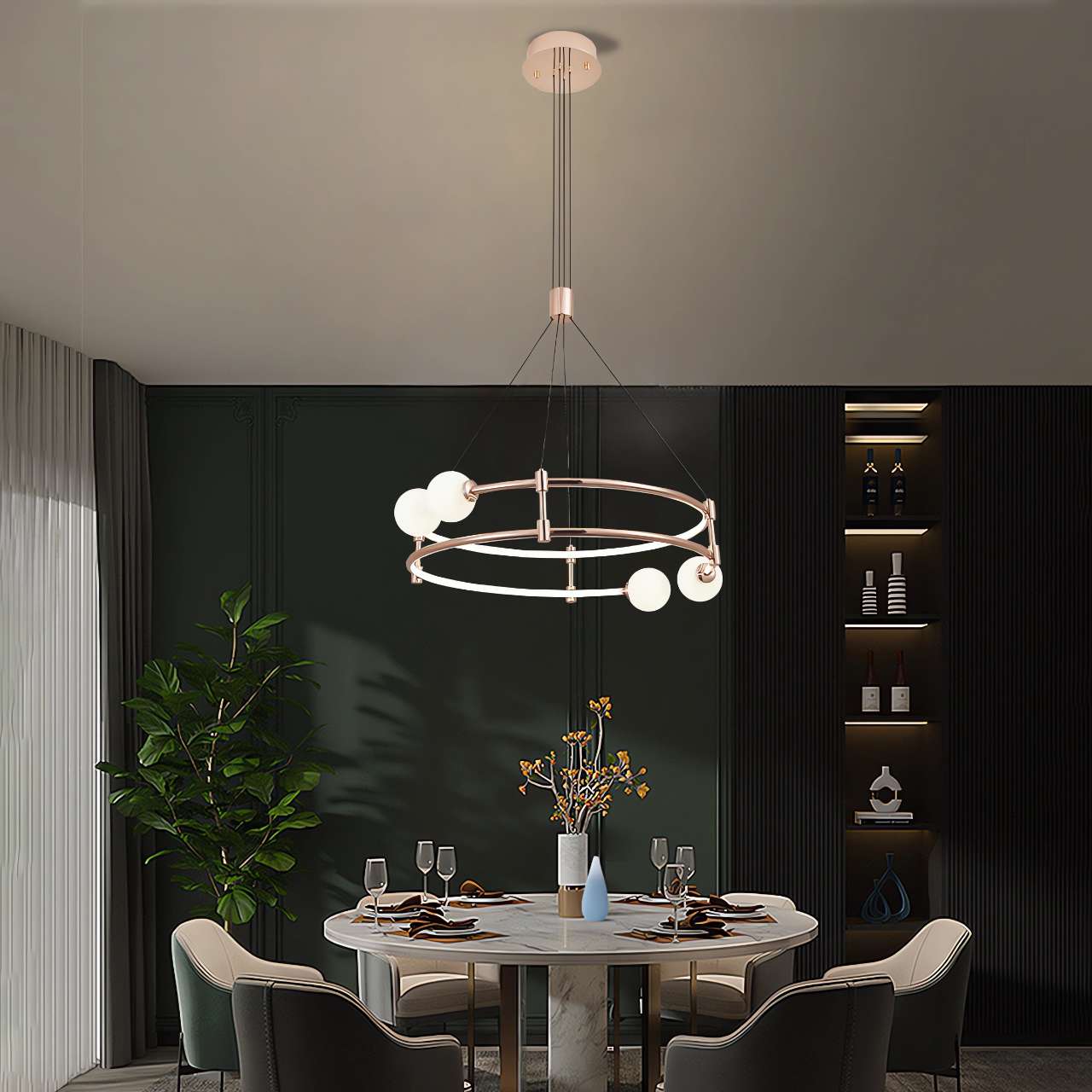 Elegant Gold Double-Ring Pendant Light with Tri-Color Lighting