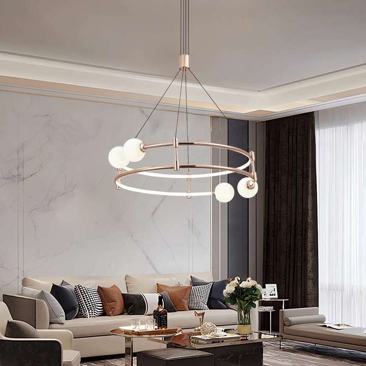 Elegant Gold Double-Ring Pendant Light with Tri-Color Lighting