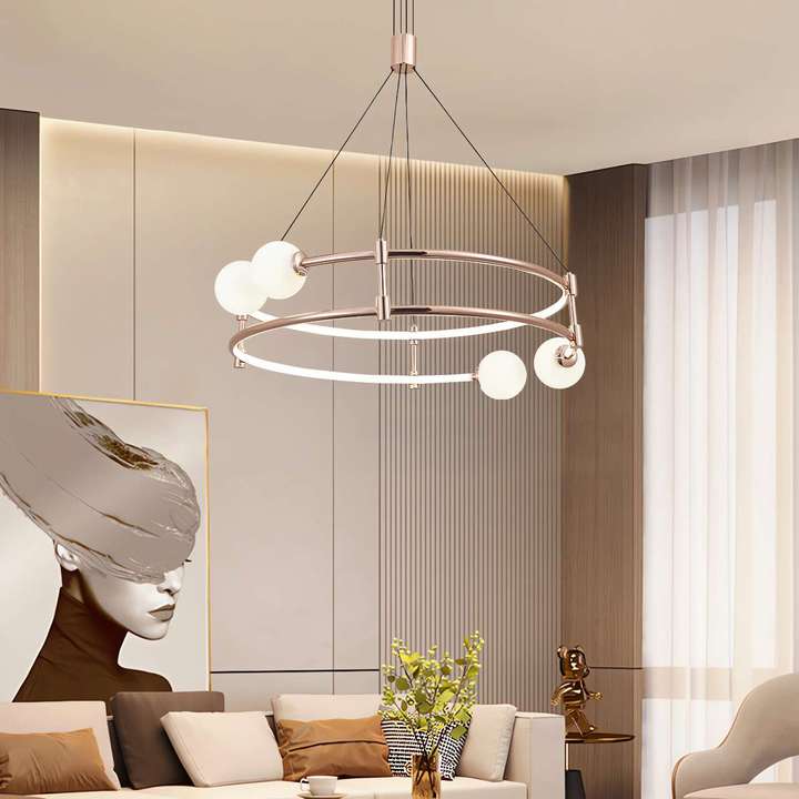 Elegant Gold Double-Ring Pendant Light with Tri-Color Lighting