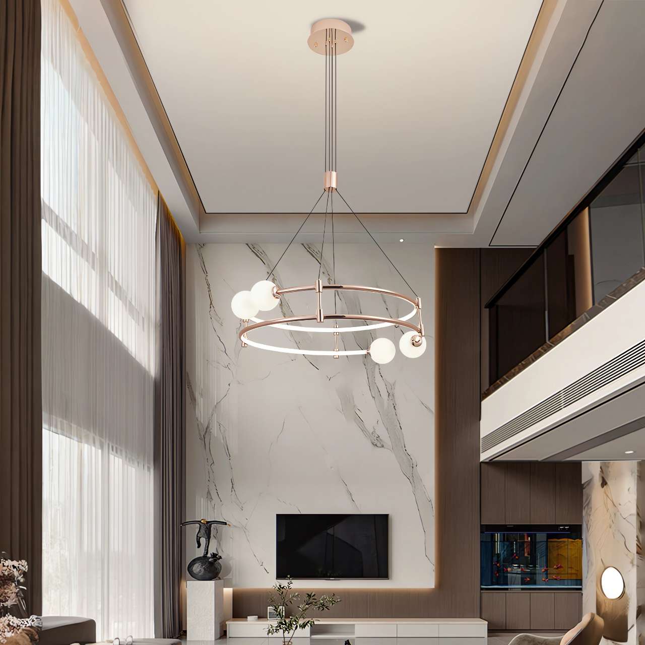 Elegant Gold Double-Ring Pendant Light with Tri-Color Lighting