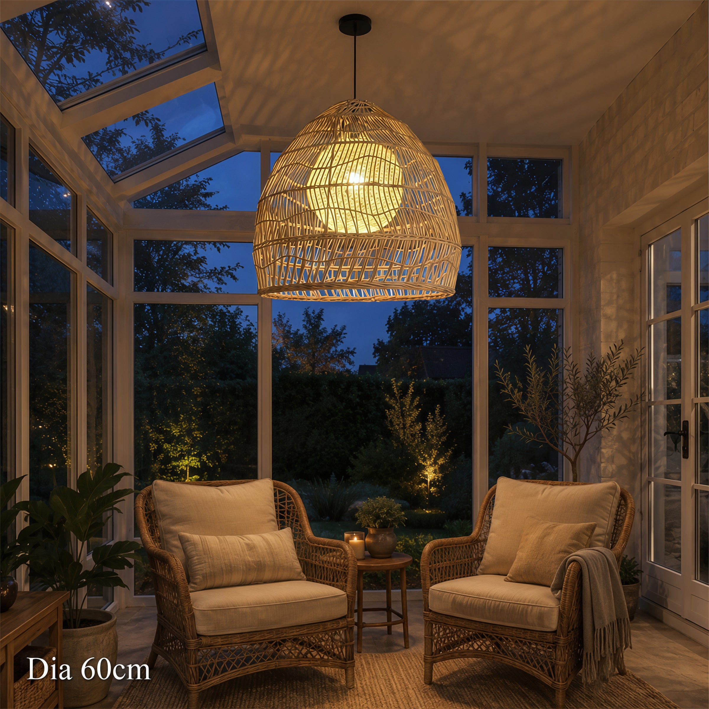 Natural Rattan Pendant Light Handwoven Ceiling Lamp for Kitchen & Dining pendant light shown lit with warm