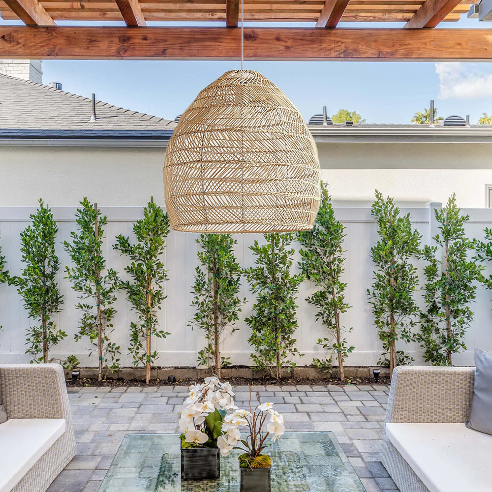 Natural Rattan Pendant Light Handwoven Ceiling Lamp for Kitchen & Dining pendant light in an outdoor garden