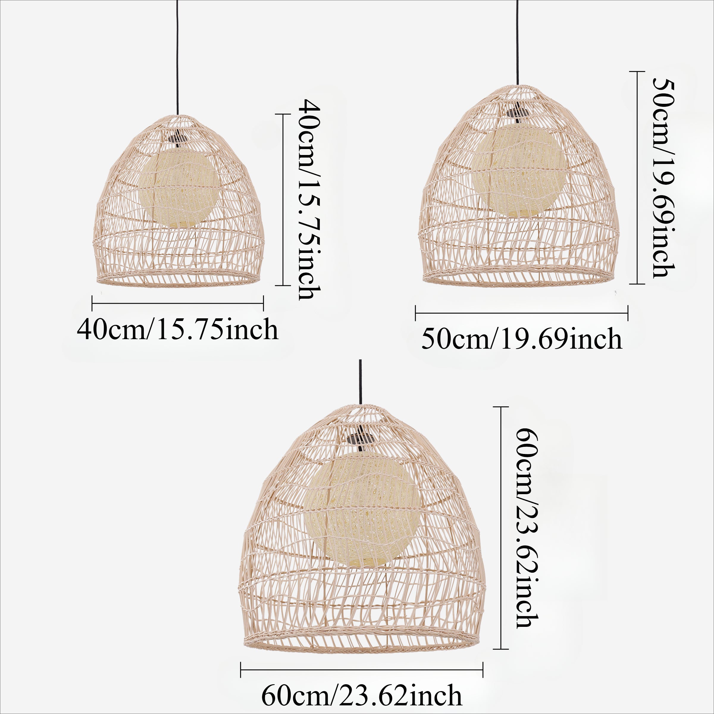 Size chart for Natural Rattan Pendant Light Handwoven Ceiling Lamp for Kitchen & Dining pendant