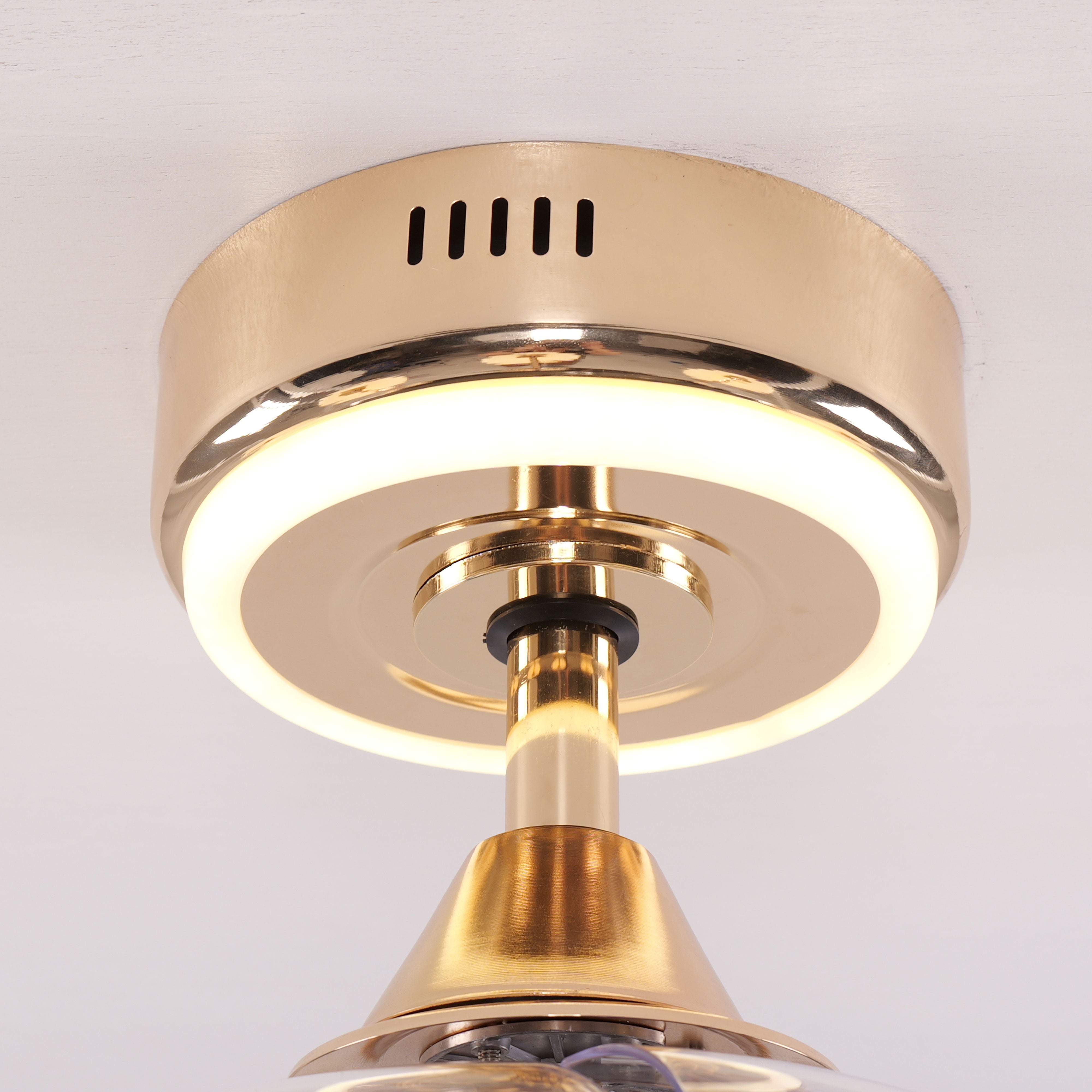 Close-up detail of Quiet Copper Acrylic Ceiling Fan Light with 6-Speed Control and Remote