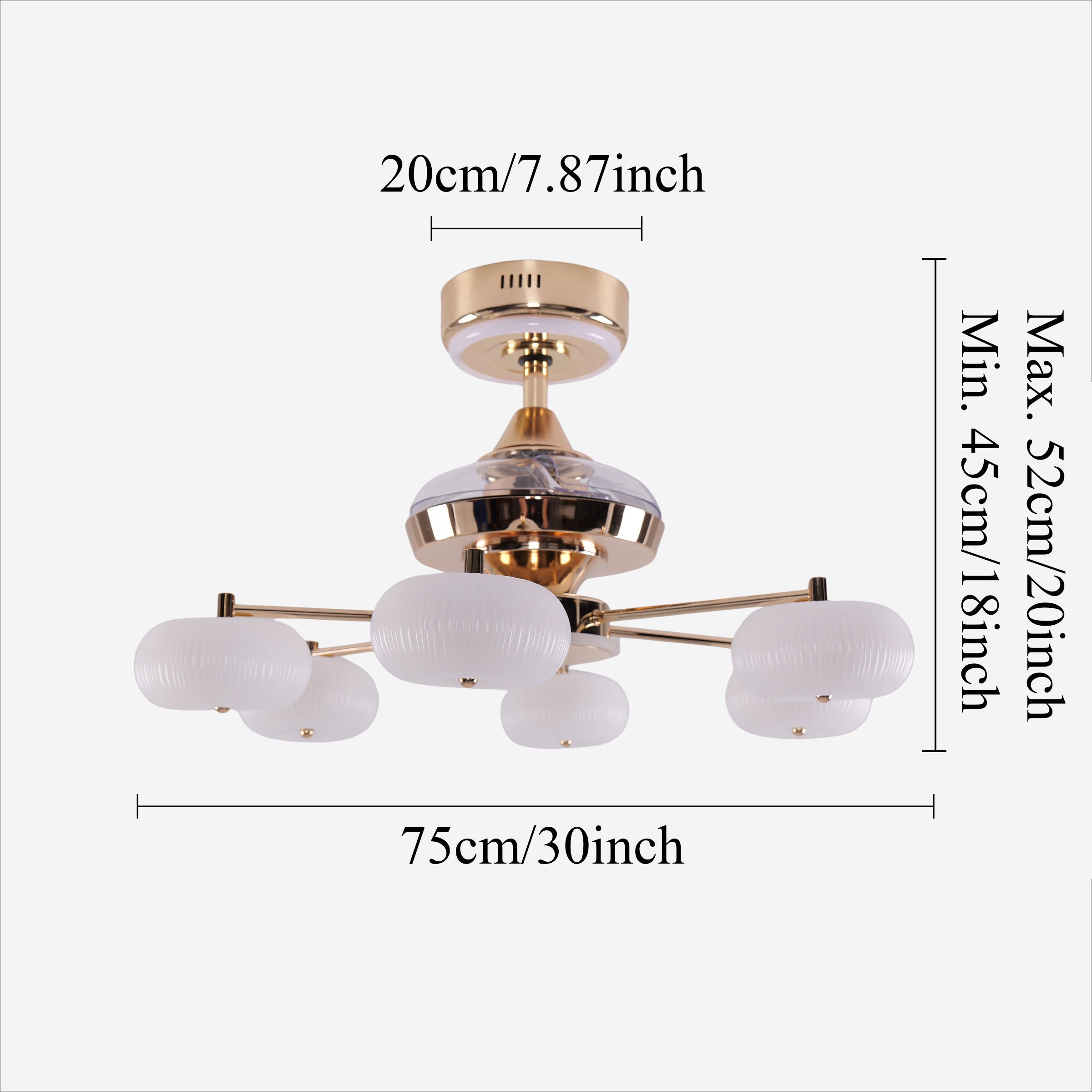 Size chart for Quiet Copper Acrylic Ceiling Fan Light with 6-Speed Control and Remote