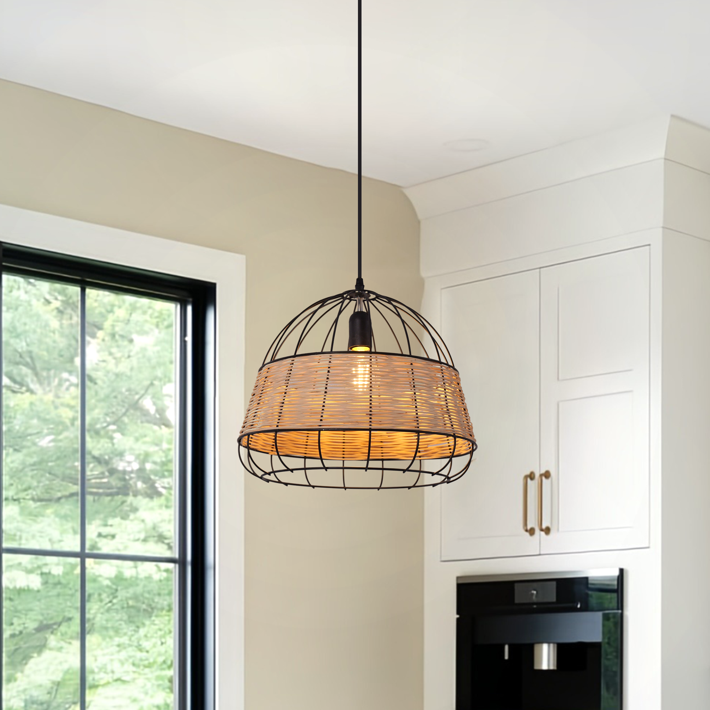Close-up detail of Rustic Iron Woven Rattan Pendant Light for Dining Room, Reading Corner & pendant