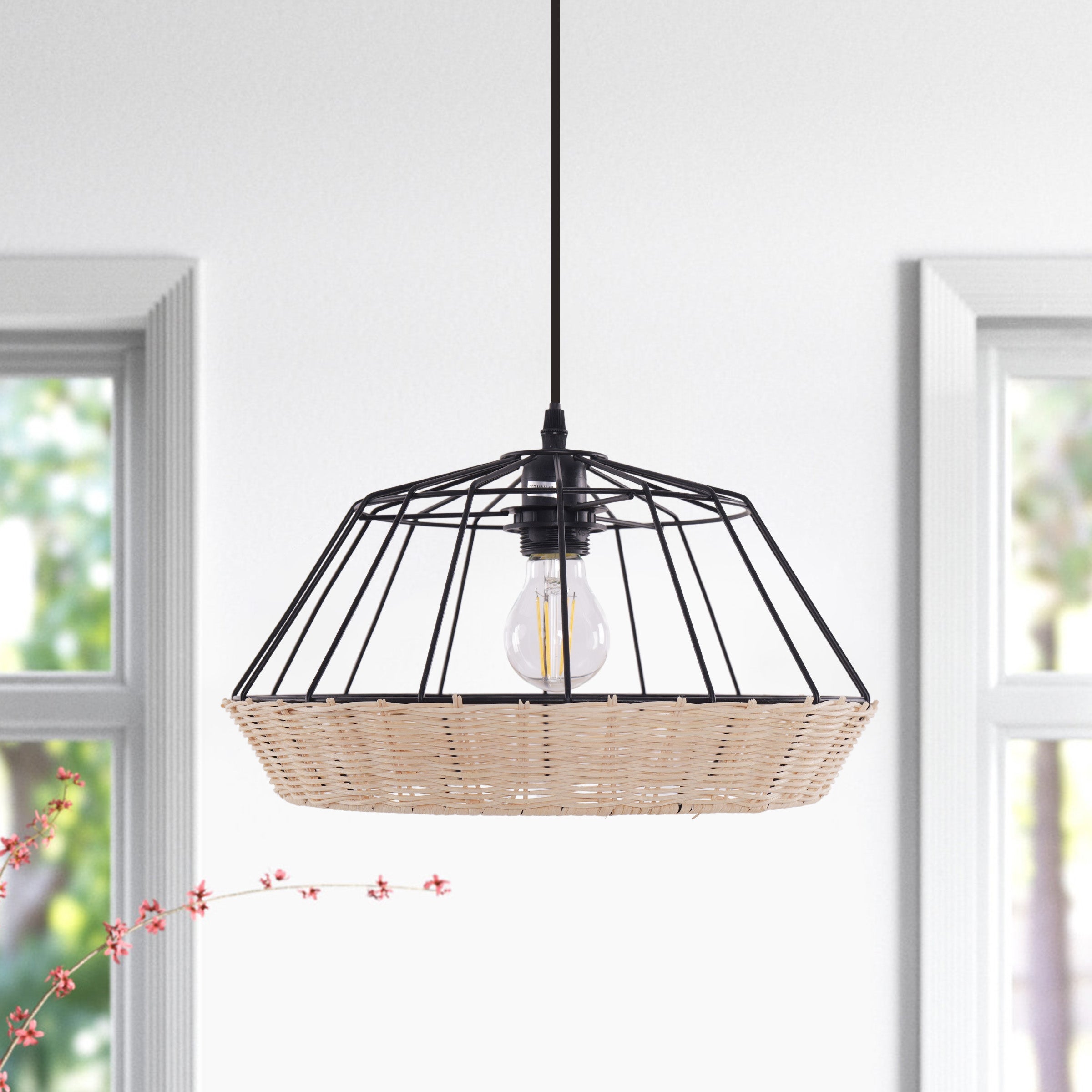 Close-up detail of Rustic Iron Woven Rattan Pendant Light for Dining Room, Reading Corner & pendant