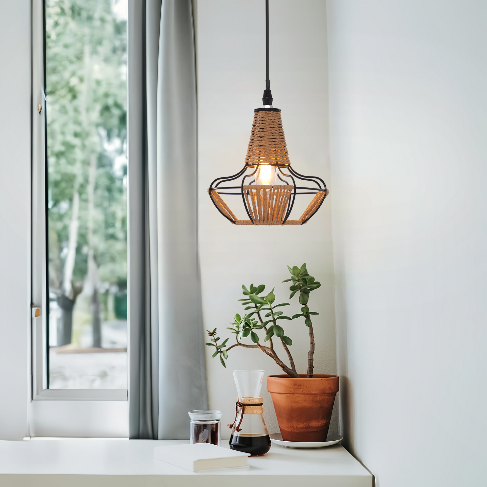 Rustic Iron Woven Rattan Pendant Light Dining Room Reading Corner & Bedroom