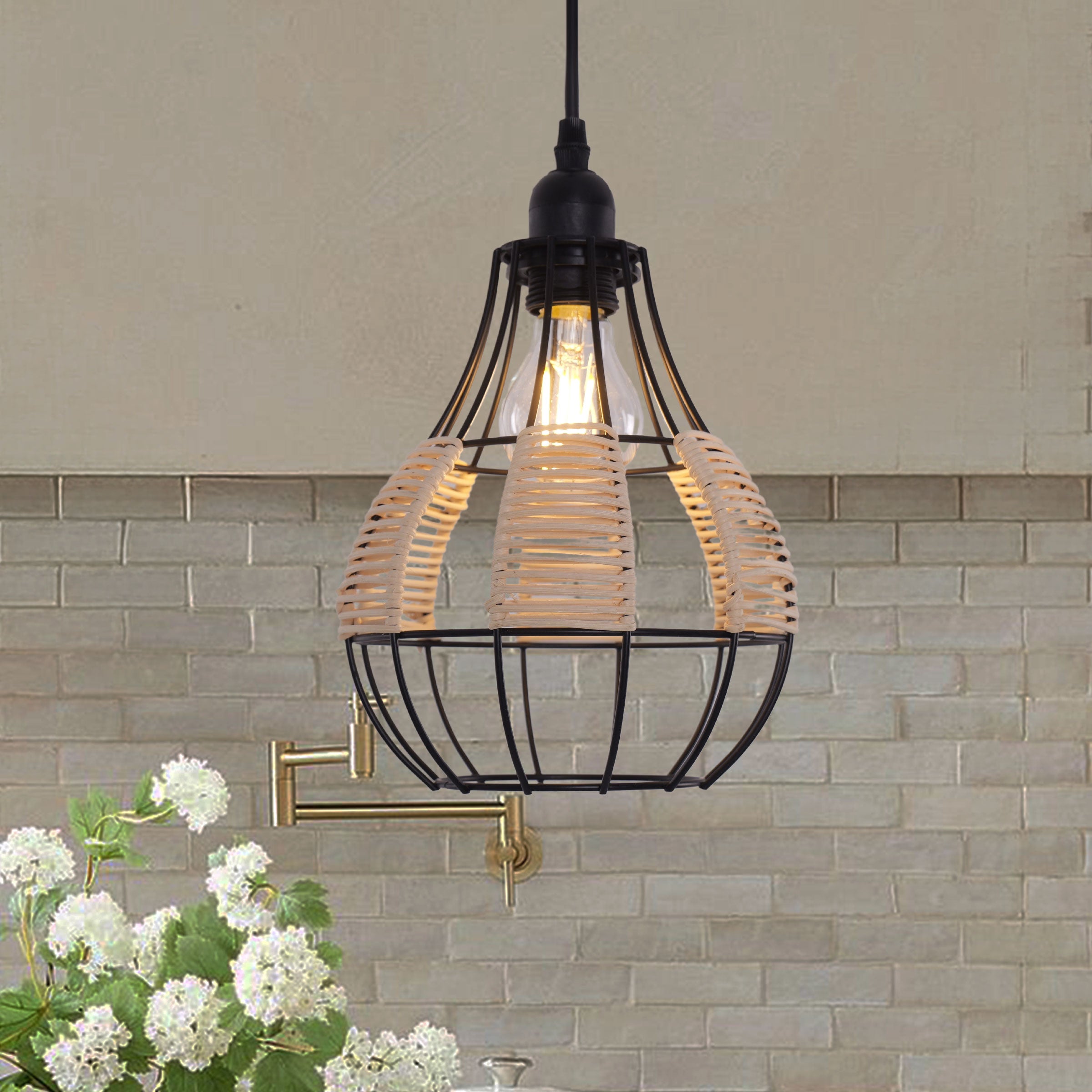 Rustic Iron Woven Rattan Pendant Light for Dining Room, Reading Corner & pendant light in a home interior