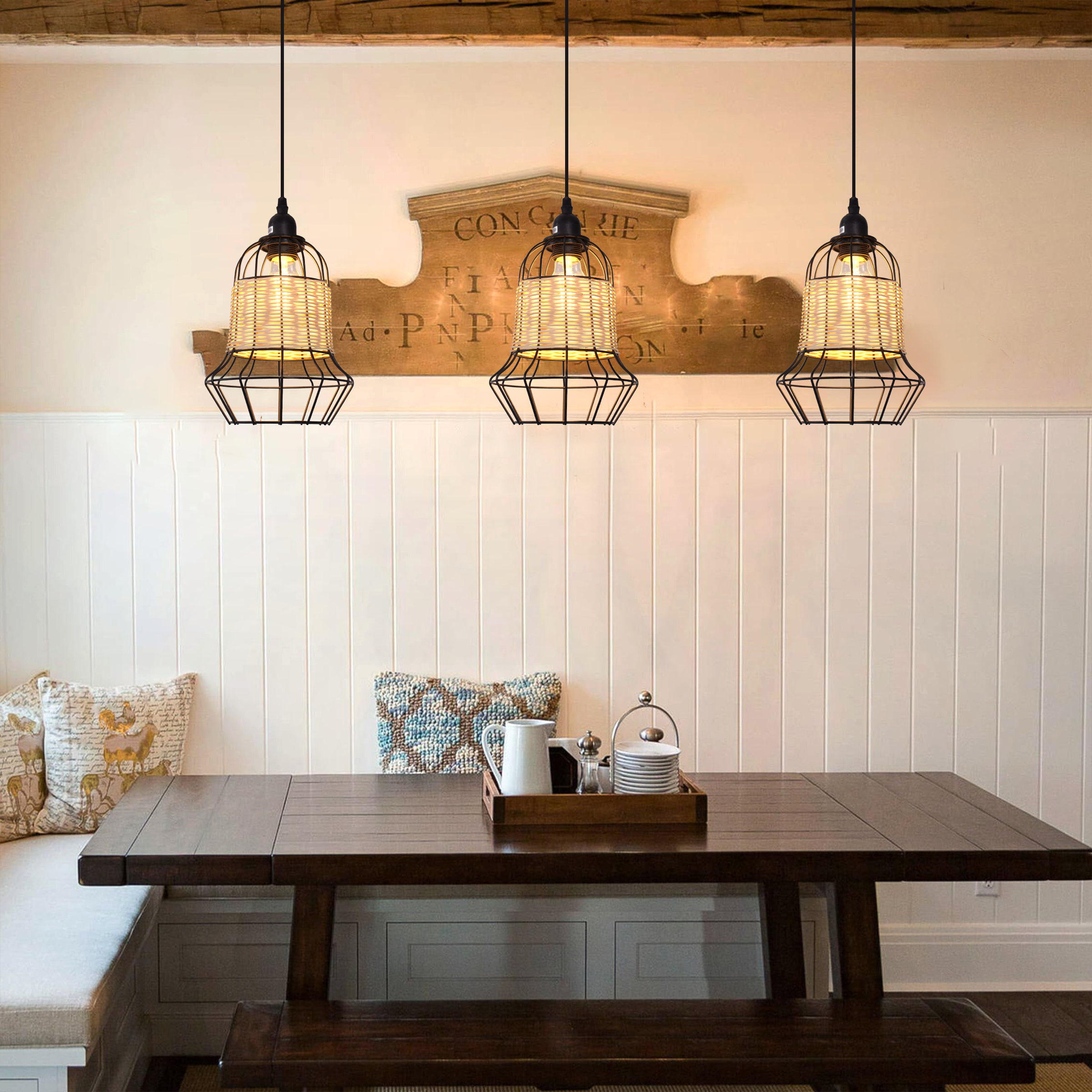 Rustic Iron Woven Rattan Pendant Light for Dining Room, Reading Corner & pendant light in a home interior