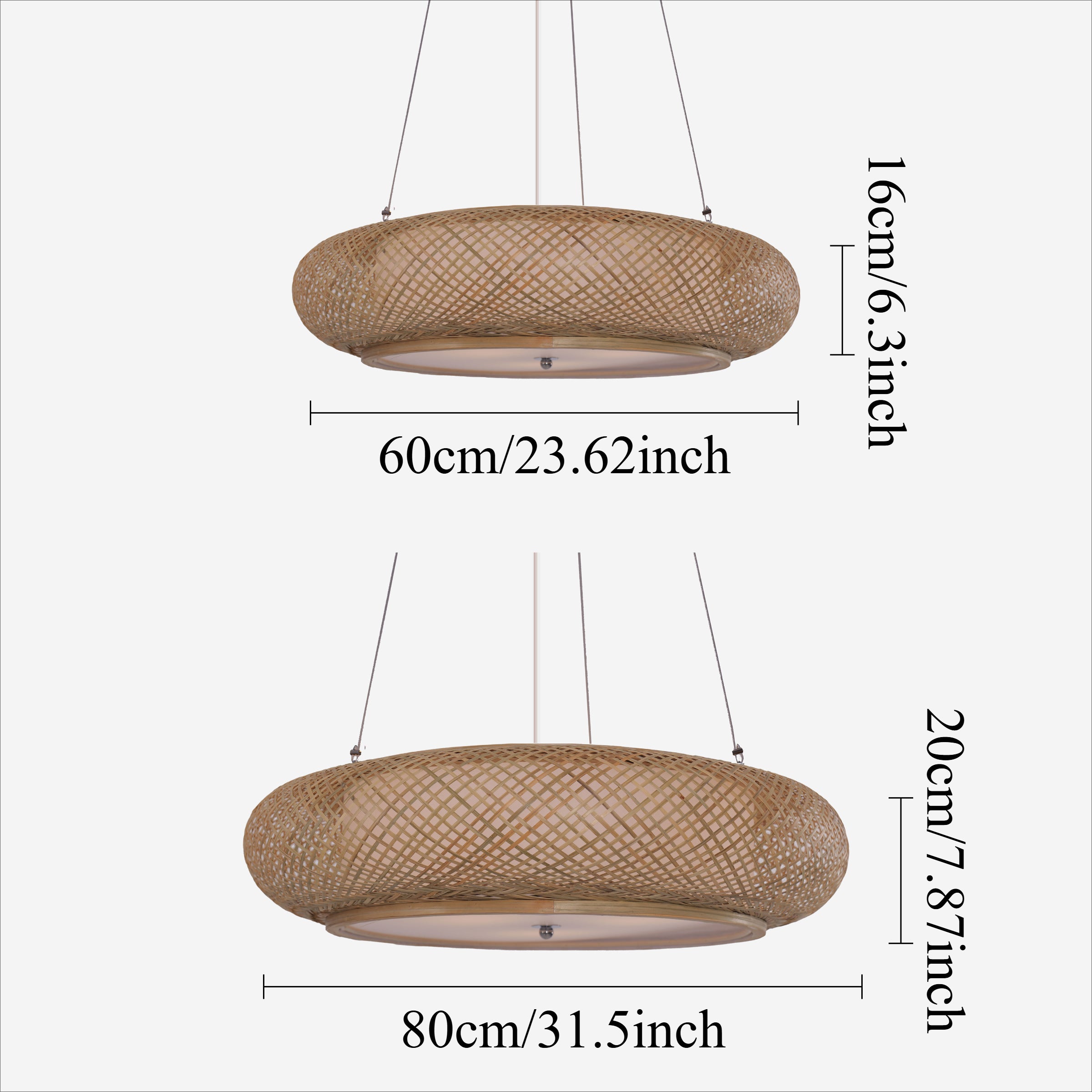 Size chart for Rustic Iron Woven Rattan Pendant Light for Dining Room, Reading Corner & pendant