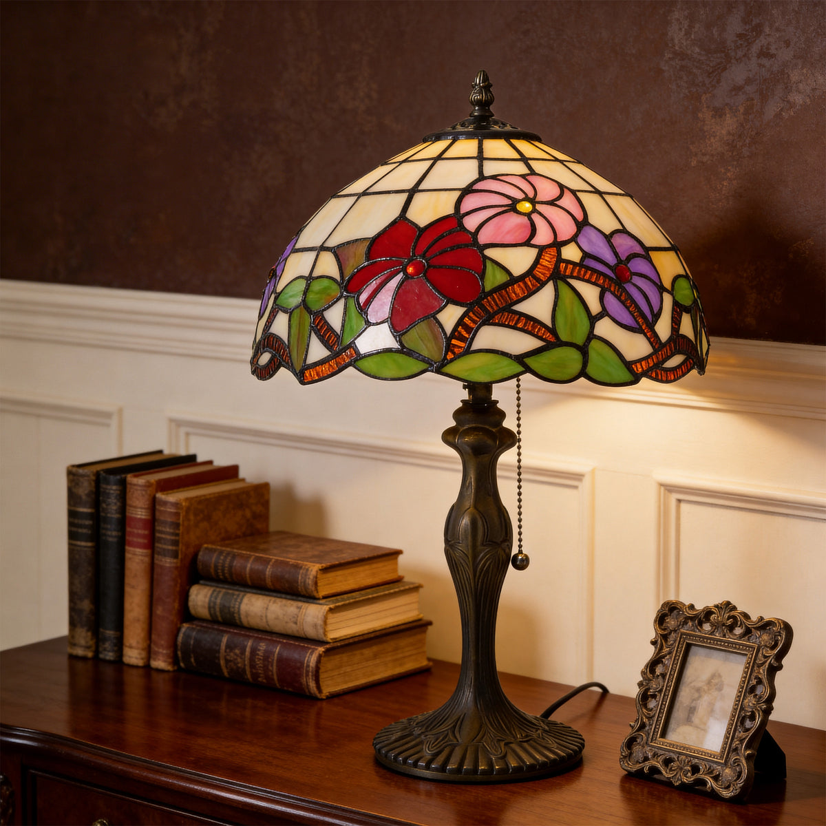 Tiffany Table Lamp Handcrafted Stained Glass Floral Petals Red, Pink and table lamp in a home interior