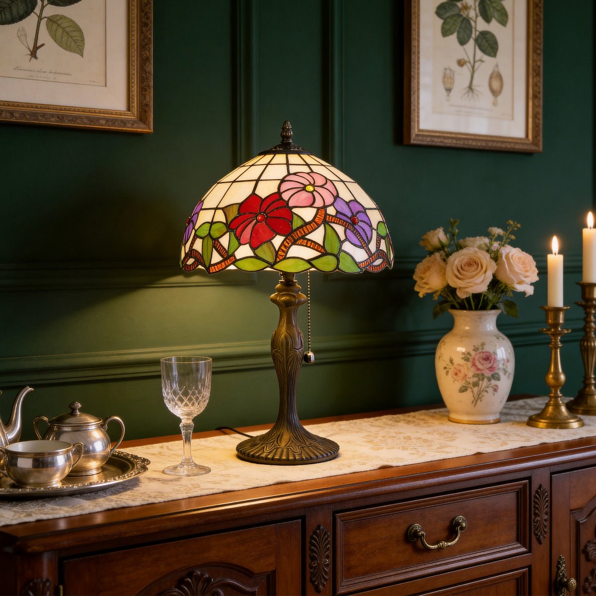Tiffany Table Lamp Handcrafted Stained Glass Floral Petals Red, Pink and table lamp in a home interior