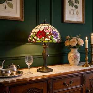 Tiffany Table Lamp Handcrafted Stained Glass Floral Petals Red, Pink and table lamp in a home interior