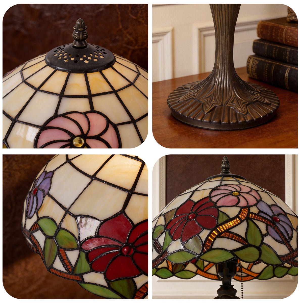 Close-up detail of Tiffany Table Lamp Handcrafted Stained Glass Floral Petals Red, Pink and table