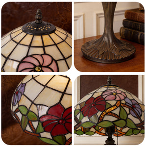 Close-up detail of Tiffany Table Lamp Handcrafted Stained Glass Floral Petals Red, Pink and table