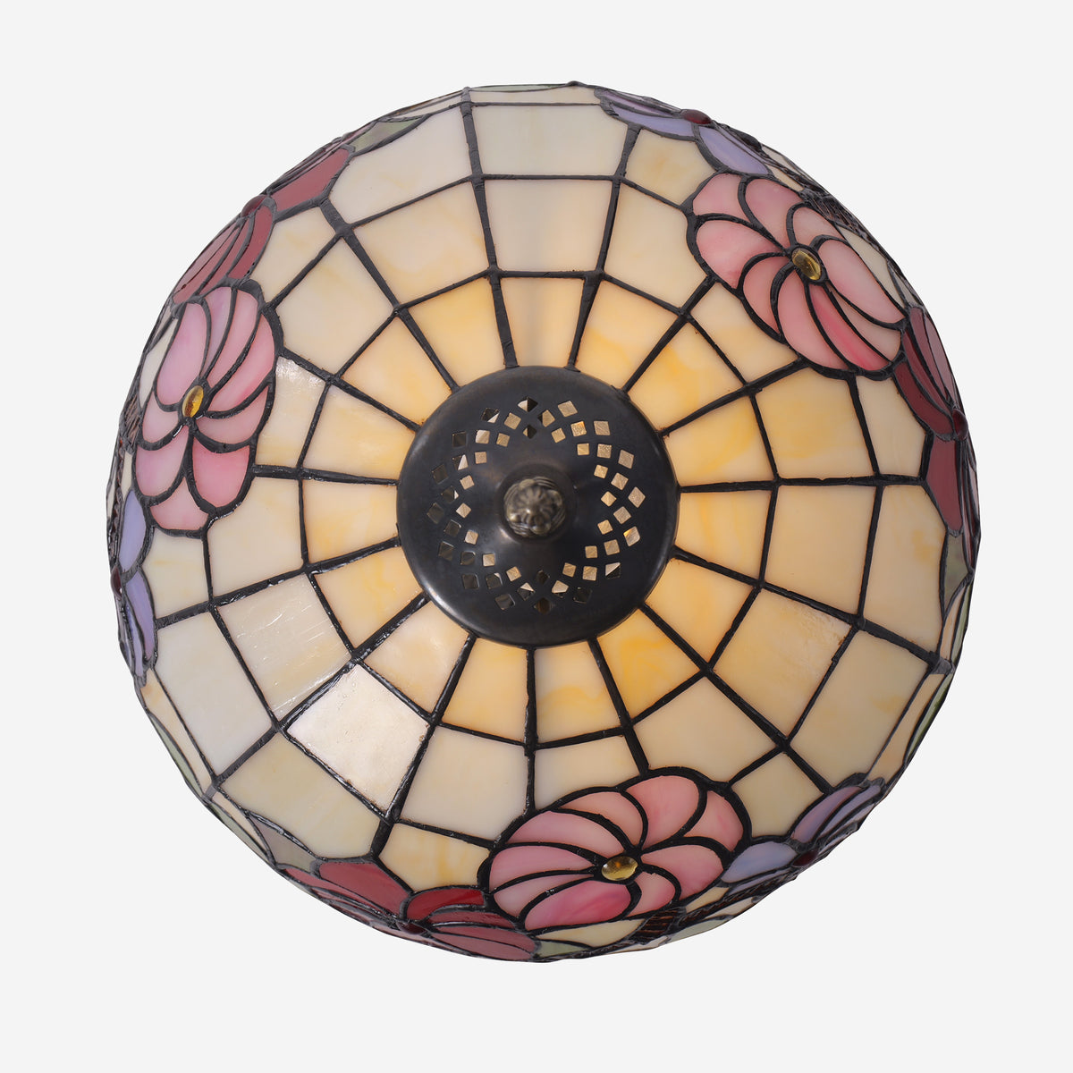 Close-up detail of Tiffany Table Lamp Handcrafted Stained Glass Floral Petals Red, Pink and table