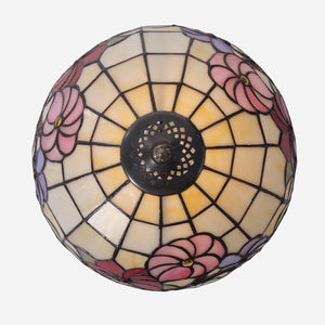 Close-up detail of Tiffany Table Lamp Handcrafted Stained Glass Floral Petals Red, Pink and table