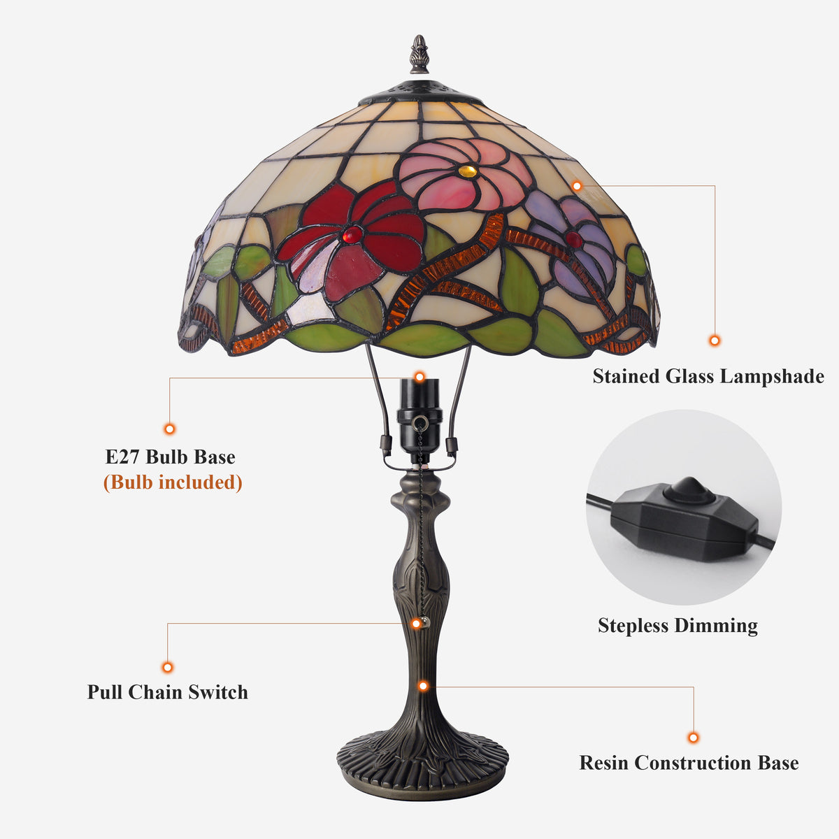 Close-up detail of Tiffany Table Lamp Handcrafted Stained Glass Floral Petals Red, Pink and table