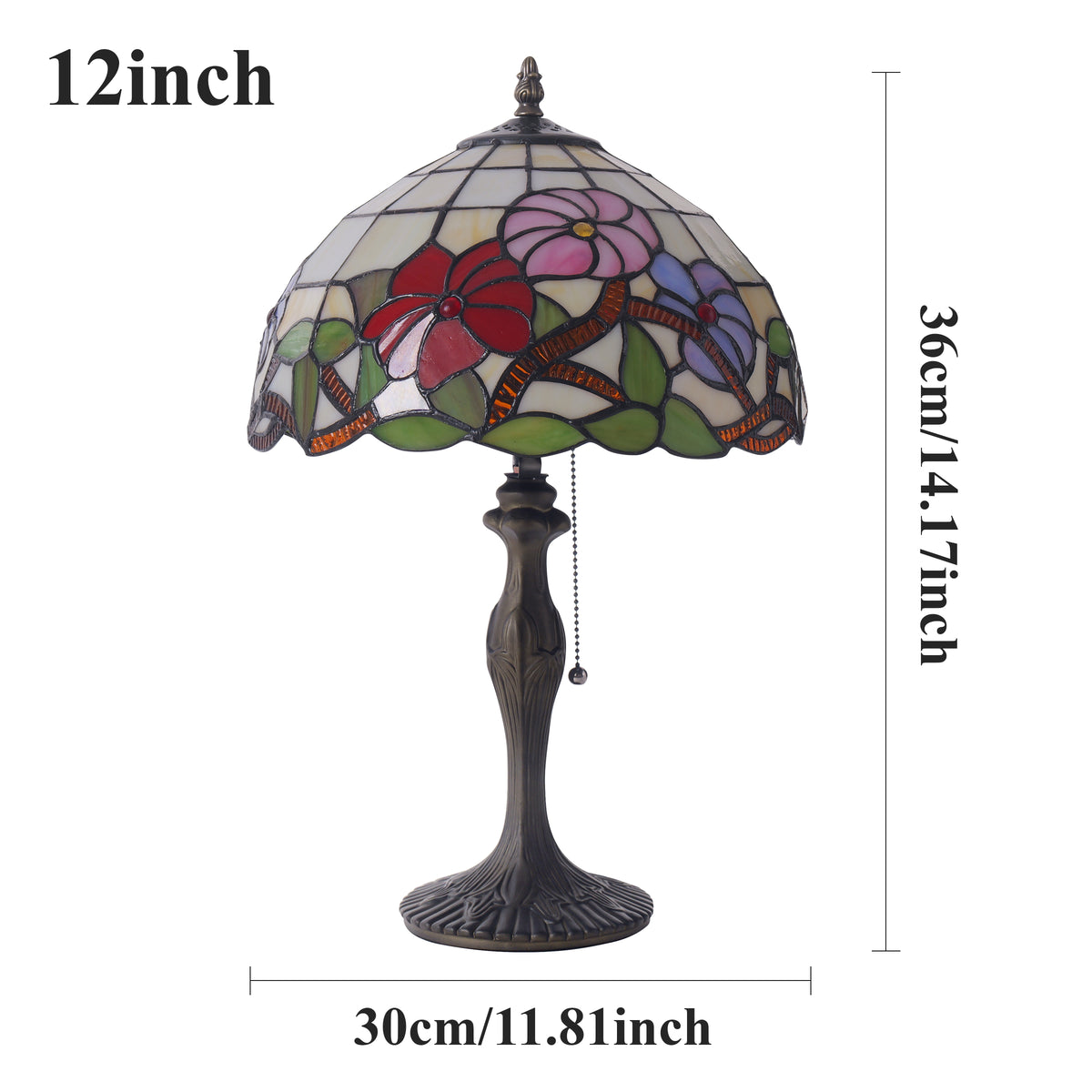 Size chart for Tiffany Table Lamp Handcrafted Stained Glass Floral Petals Red, Pink and table