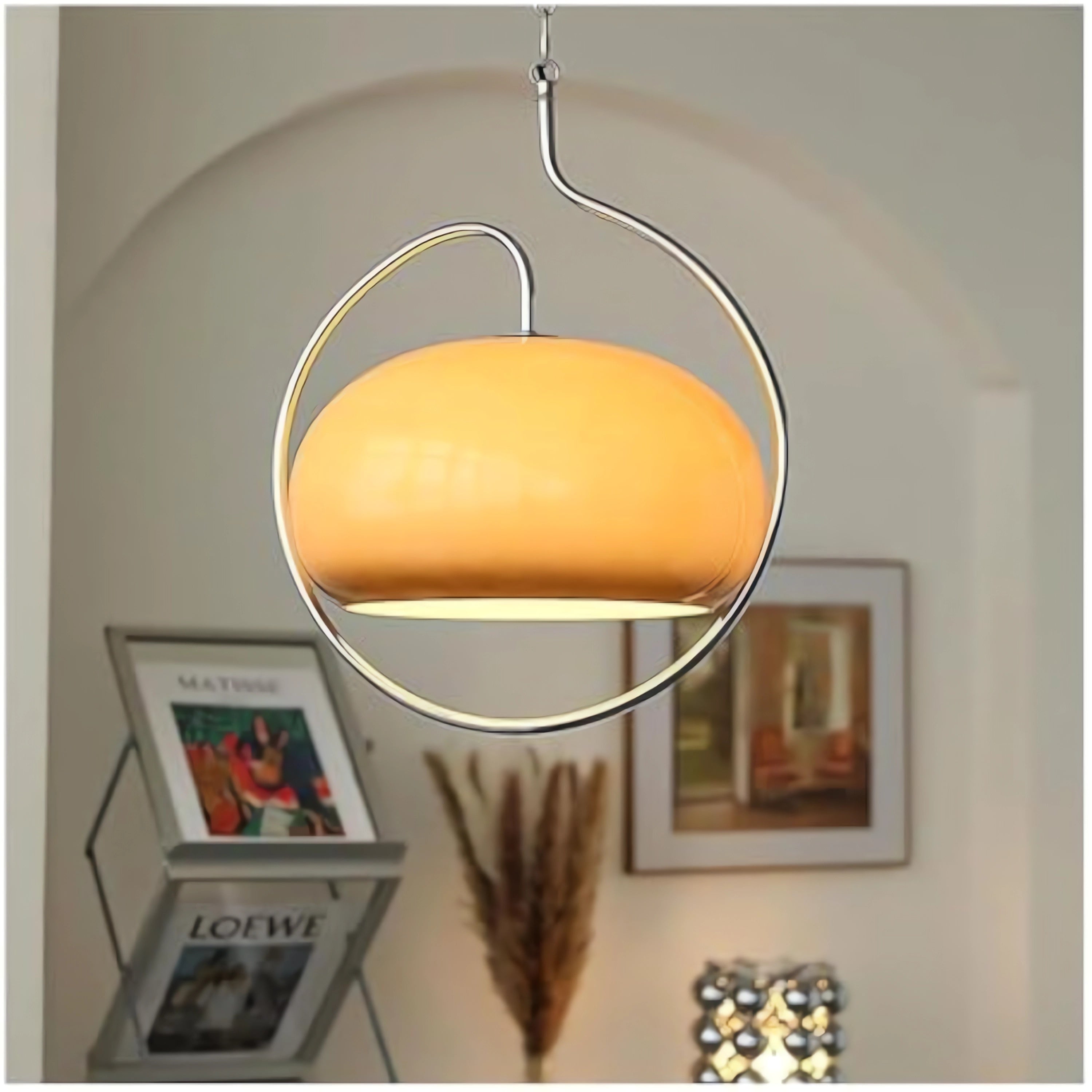 Sculptural Orange Glass Pendant Light with Curved Metal Frame