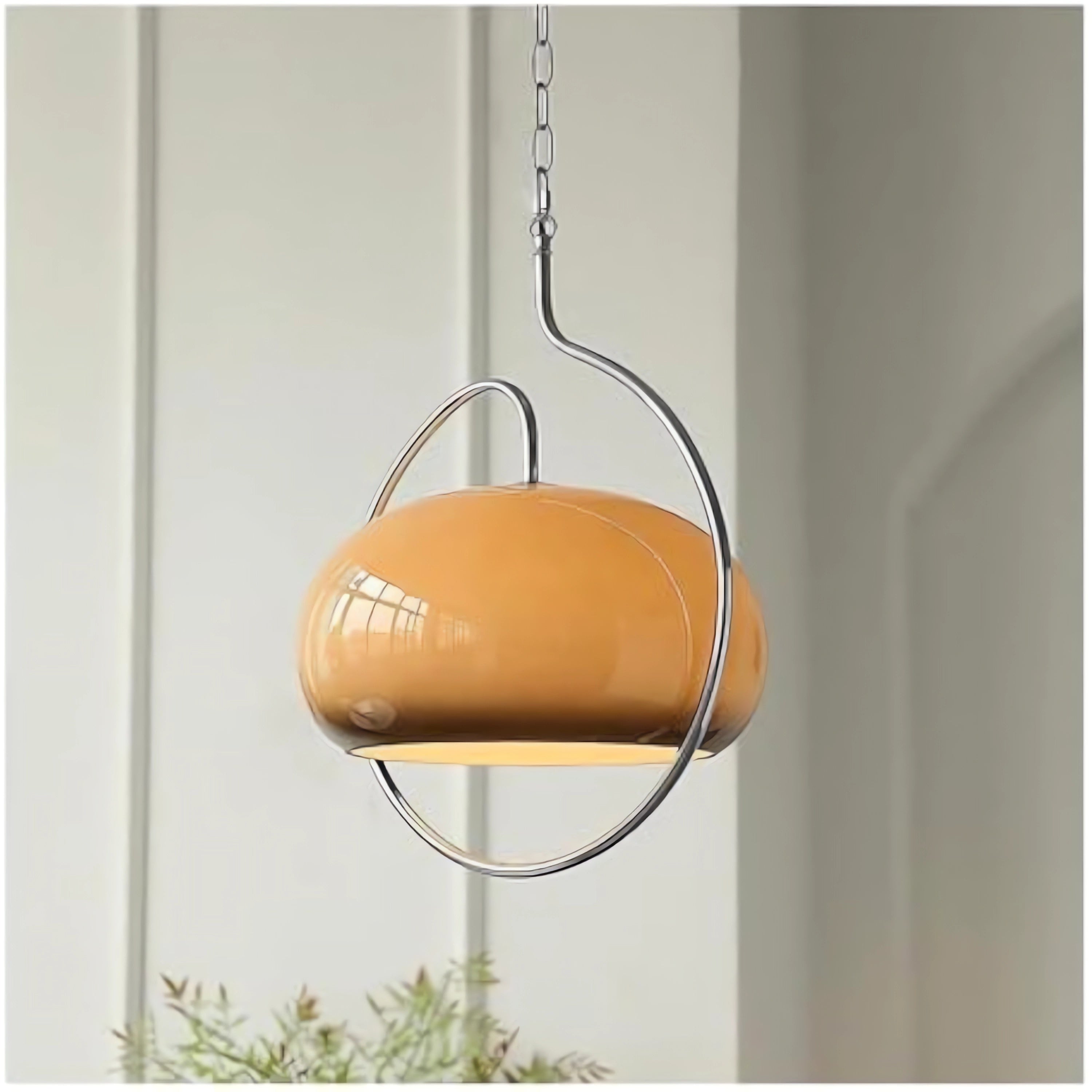 Sculptural Orange Glass Pendant Light with Curved Metal Frame