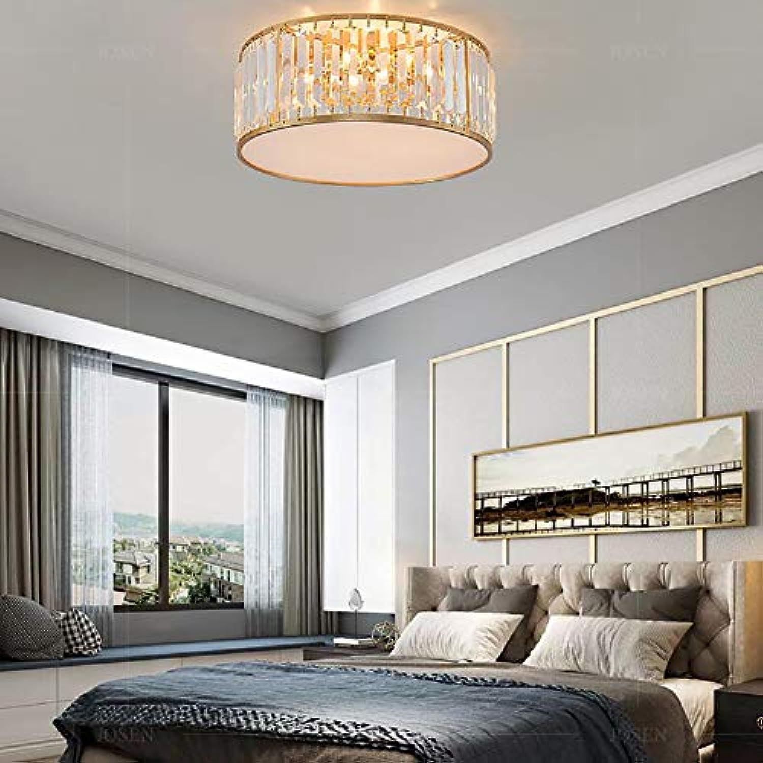 Modern Gold Acrylic Drum Flush Mount Light with Crystal Rim